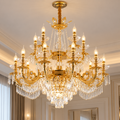 Candelabru Cristal 19xE14, D95cm, Auriu Lucios, Inaltime Reglabila, Metal si Cristal