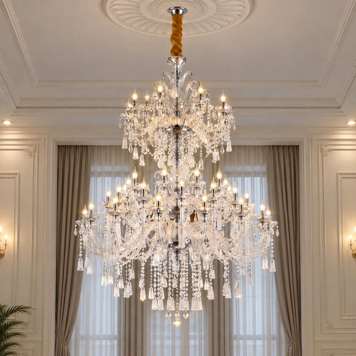 Candelabru Cristal, 55xE14, Diametru 145cm, Inaltime 230cm, Argintiu, Inaltime Reglabila, Design Elegant