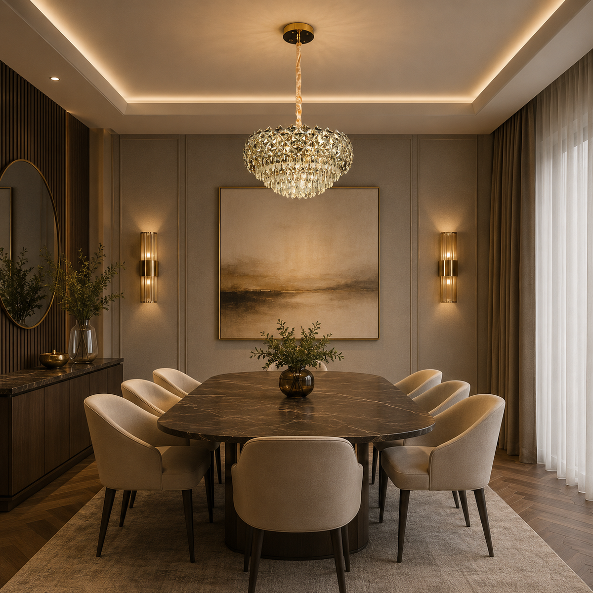 Candelabru Cristal BANO Eleganza, 60W, 7xE14, Inaltime Reglabila, Metal si Cristal, Auriu