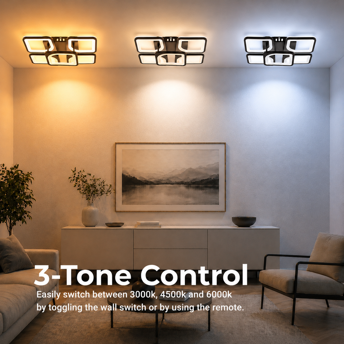 Lustra LED cu telecomanda ZOE 65W, 5 Patrate, lumina Rece/Calda/Neutra, Dimabila, Negru, imaginea 3