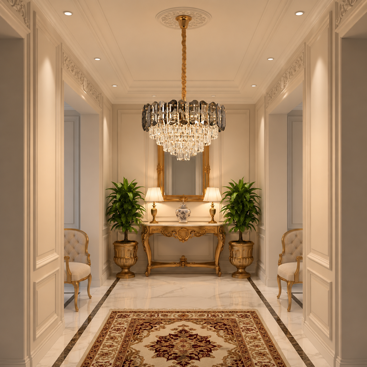 Candelabru Cristal AURUM Petito 3xE14, Diametru 30cm, Inaltime 28cm, Auriu Lucios, Inaltime Reglabila, Design Elegant