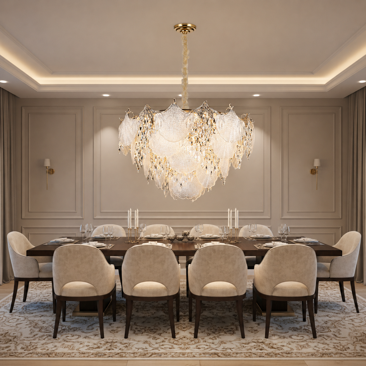 Candelabru Cristal LUXE Regalis, 21xE14, Diametru 80cm, Inaltime 45cm, Auriu Lucios, Inaltime Reglabila, Design Elegant