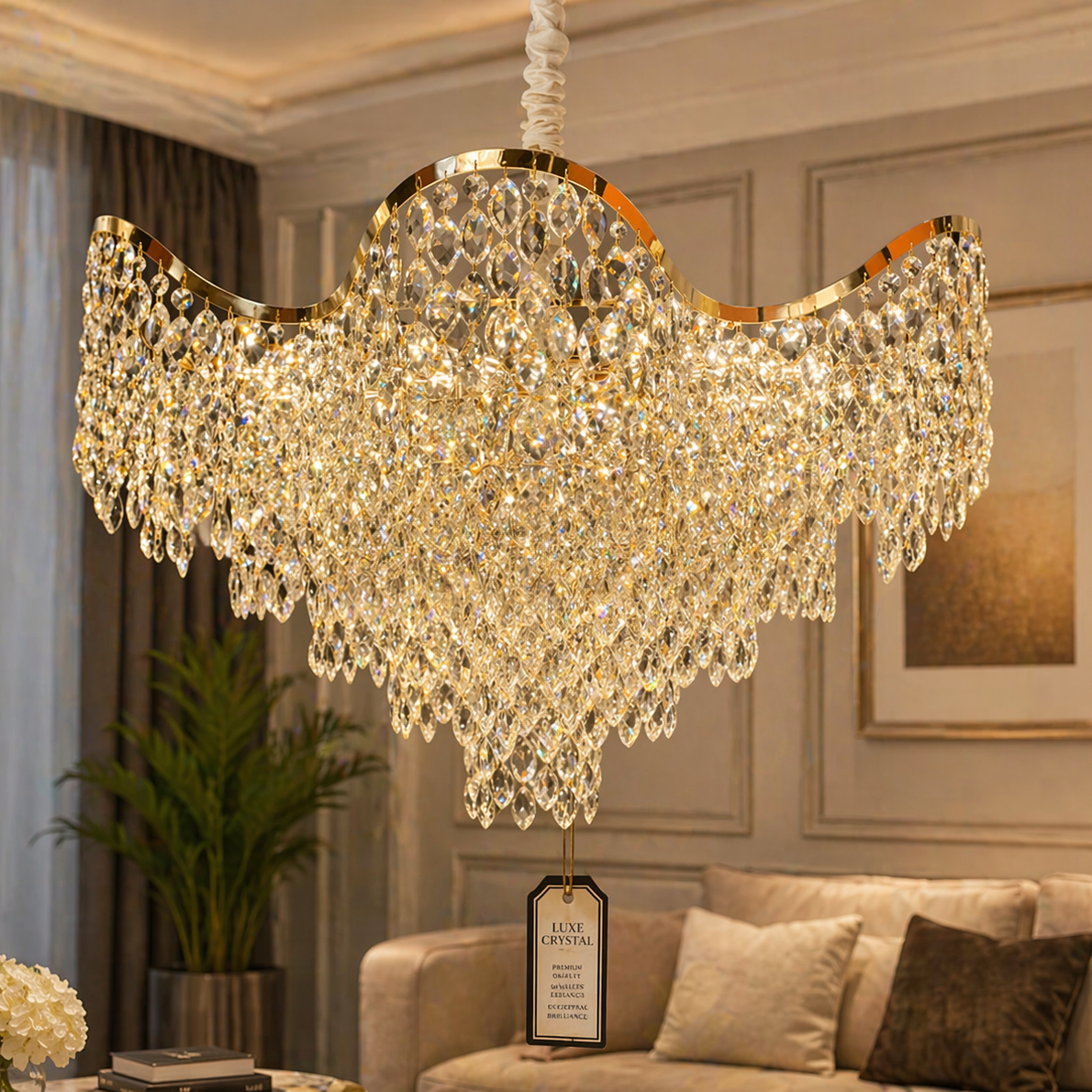 Candelabru Cristal 13xE14 VELOURA Magno, D60 cm, Auriu, Inaltime Reglabila, Metal si Cristal