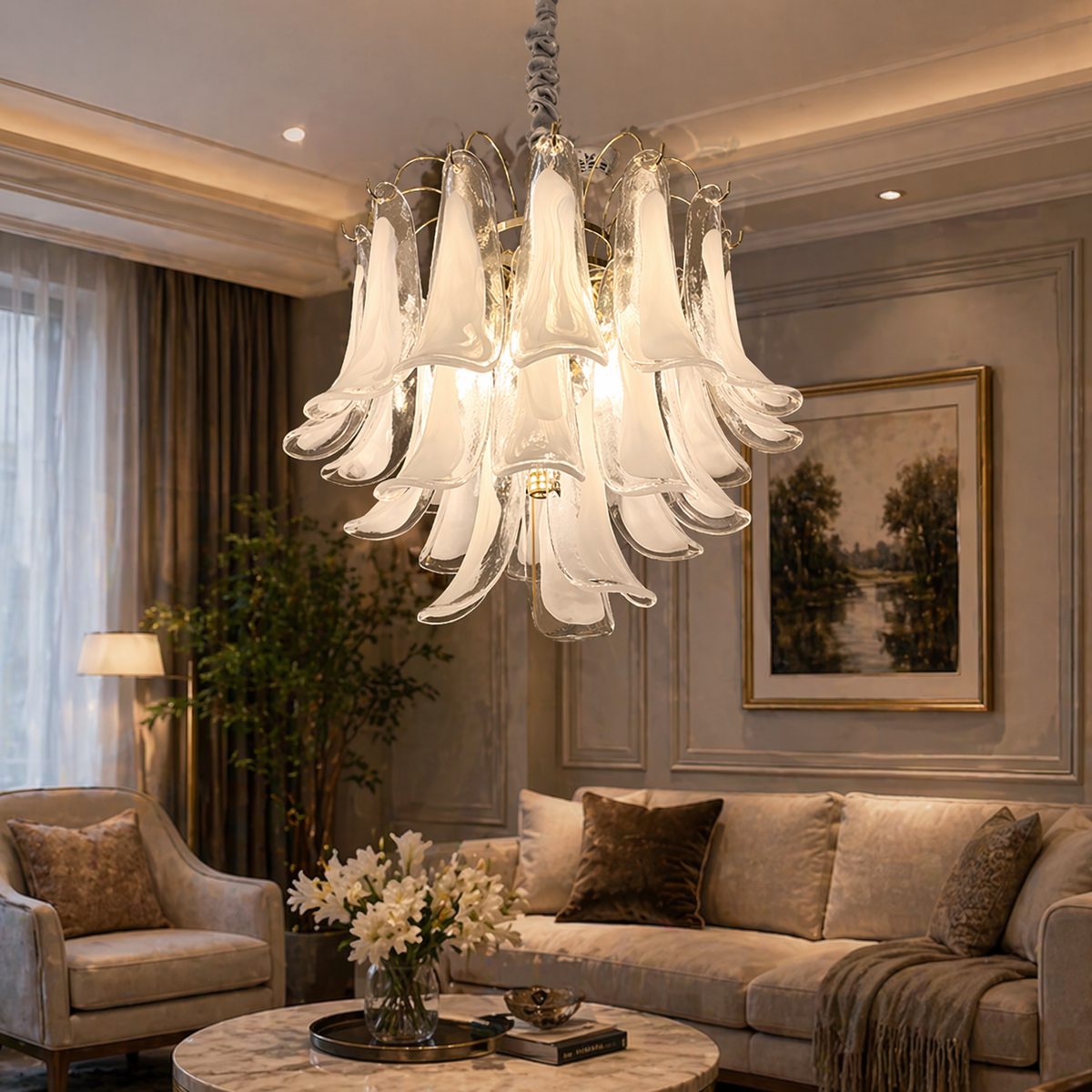 Candelabru Cristal MURANO Magno 7xE14, D60 cm, Alb, Inaltime Reglabila, Metal si Cristal