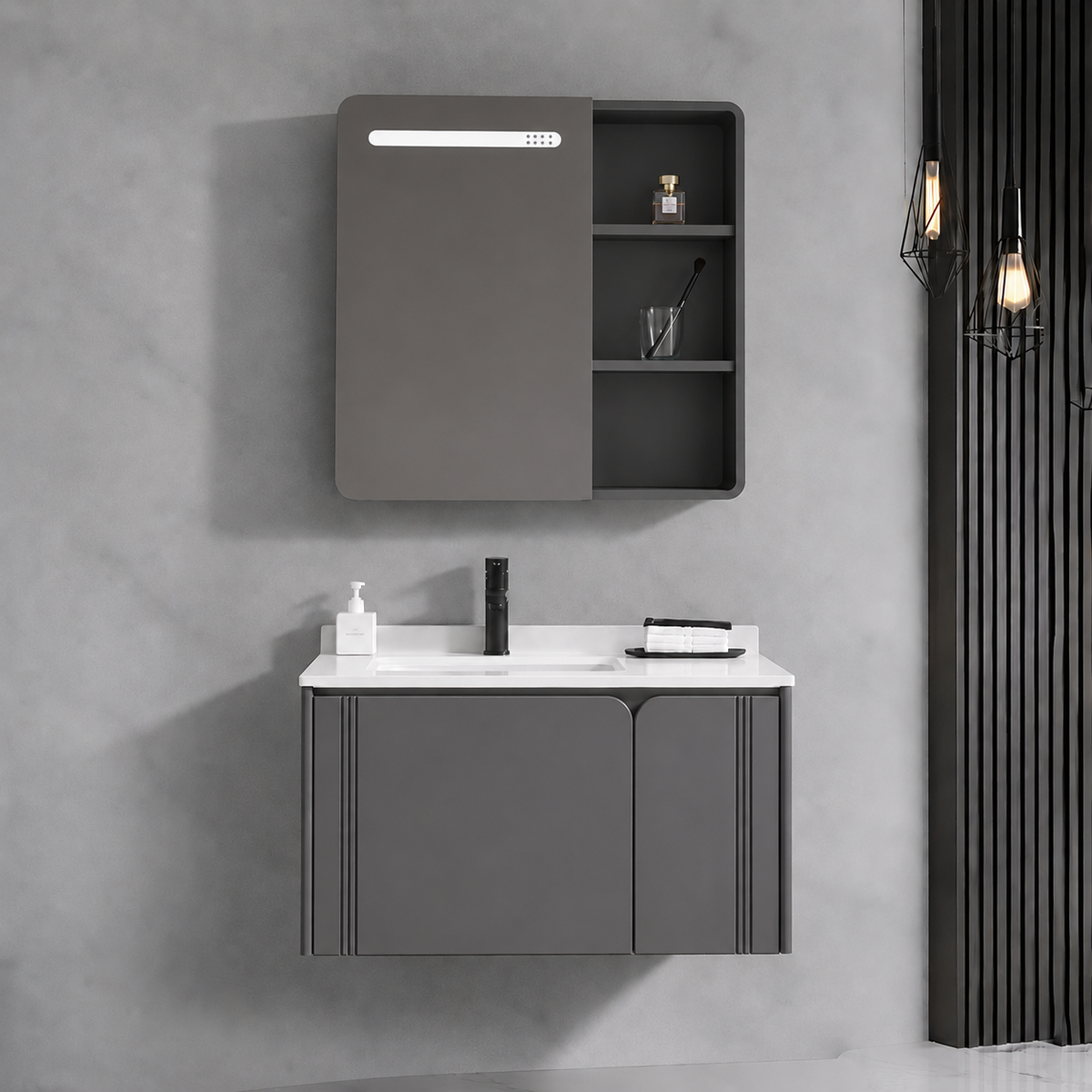 Set Mobilier ORIA pentru Baie, Dulap Lavoar+Dulap Oglinda 80cm, 3 Piese, Gri si Alb