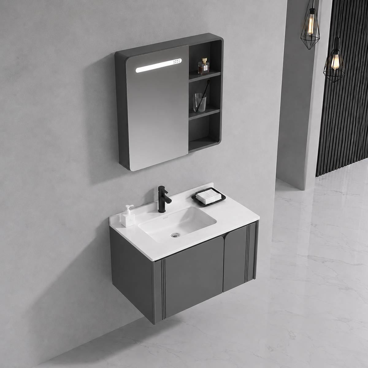 Set Mobilier ORIA pentru Baie, Dulap Lavoar+Dulap Oglinda 80cm, 3 Piese, Gri si Alb