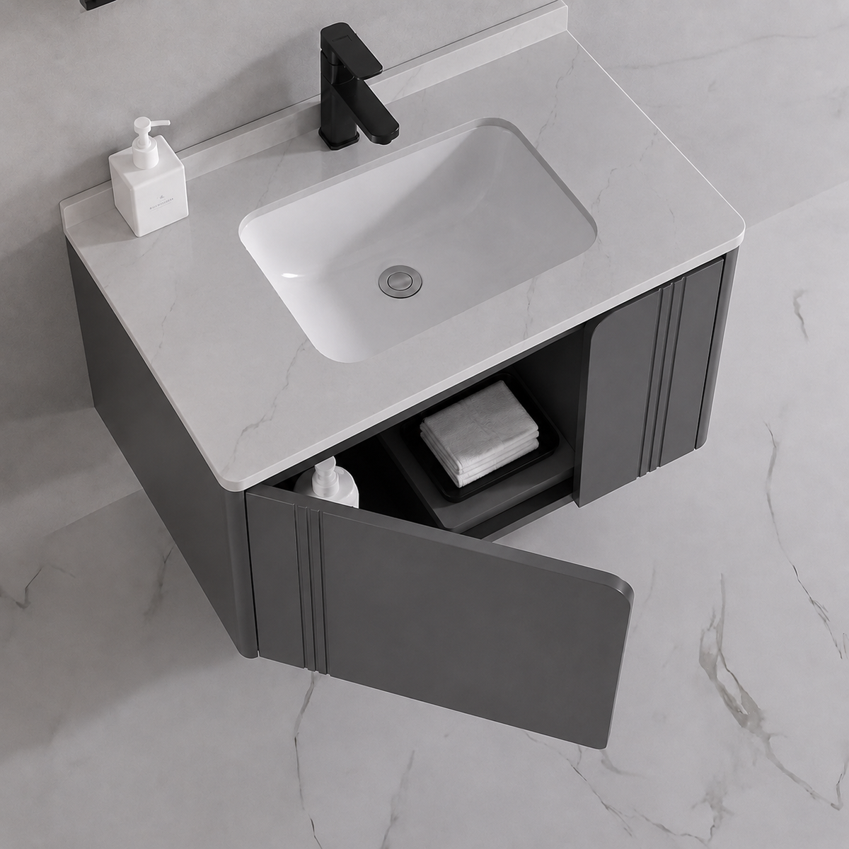 Set Mobilier ORIA pentru Baie, Dulap Lavoar+Dulap Oglinda 80cm, 3 Piese, Gri si Alb