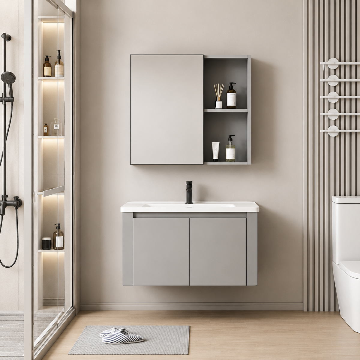 Set Mobilier TIVOLI pentru Baie, Dulap Lavoar+Dulap Oglinda 60cm, 2 Piese, Gri si Alb