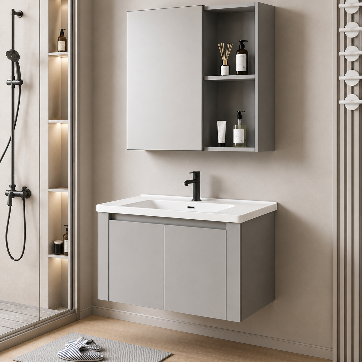 Set Mobilier TIVOLI pentru Baie, Dulap Lavoar+Dulap Oglinda 60cm, 2 Piese, Gri si Alb