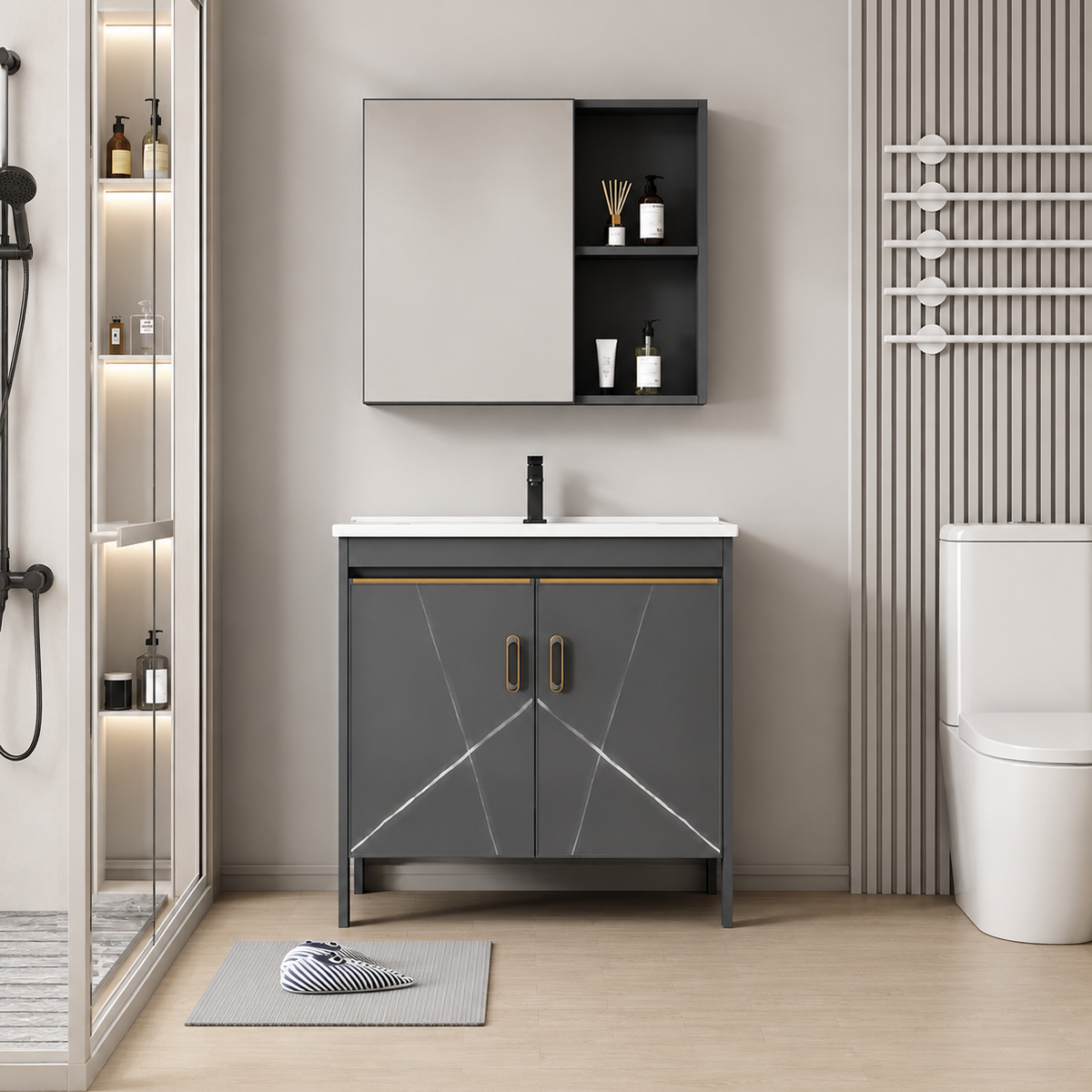 Set Mobilier SIENA pentru Baie,Dulap Lavoar+Dulap Oglinda 60cm, 2 Piese, Gri si Alb