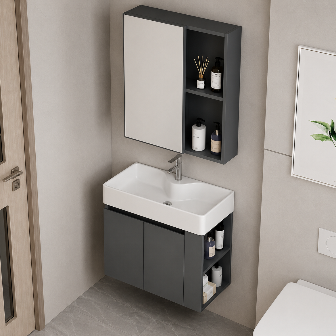 Set Mobilier EVOQ pentru Baie,Latime 70cm, 2 Piese, Gri si Alb