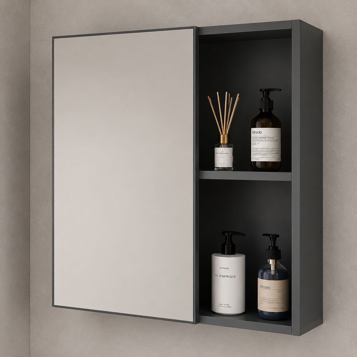 Set Mobilier EVOQ pentru Baie,Dulap Lavoar+Dulap Oglinda 80cm, 2 Piese, Gri si Alb