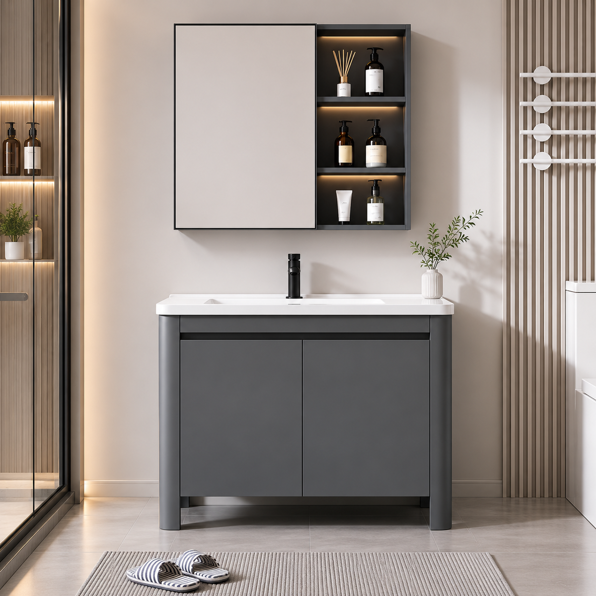 Set Mobilier VION pentru Baie,Dulap Lavoar+Dulap Oglinda 60cm, 2 Piese, Gri si Alb