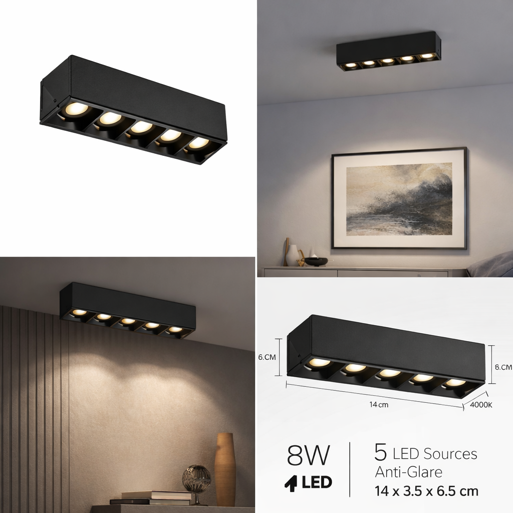 Proiector LED Liniar Aplicat Grilă 8W, Lumina Neutra 4000K, 5 surse, 14 x 3.5 x 6.5 cm