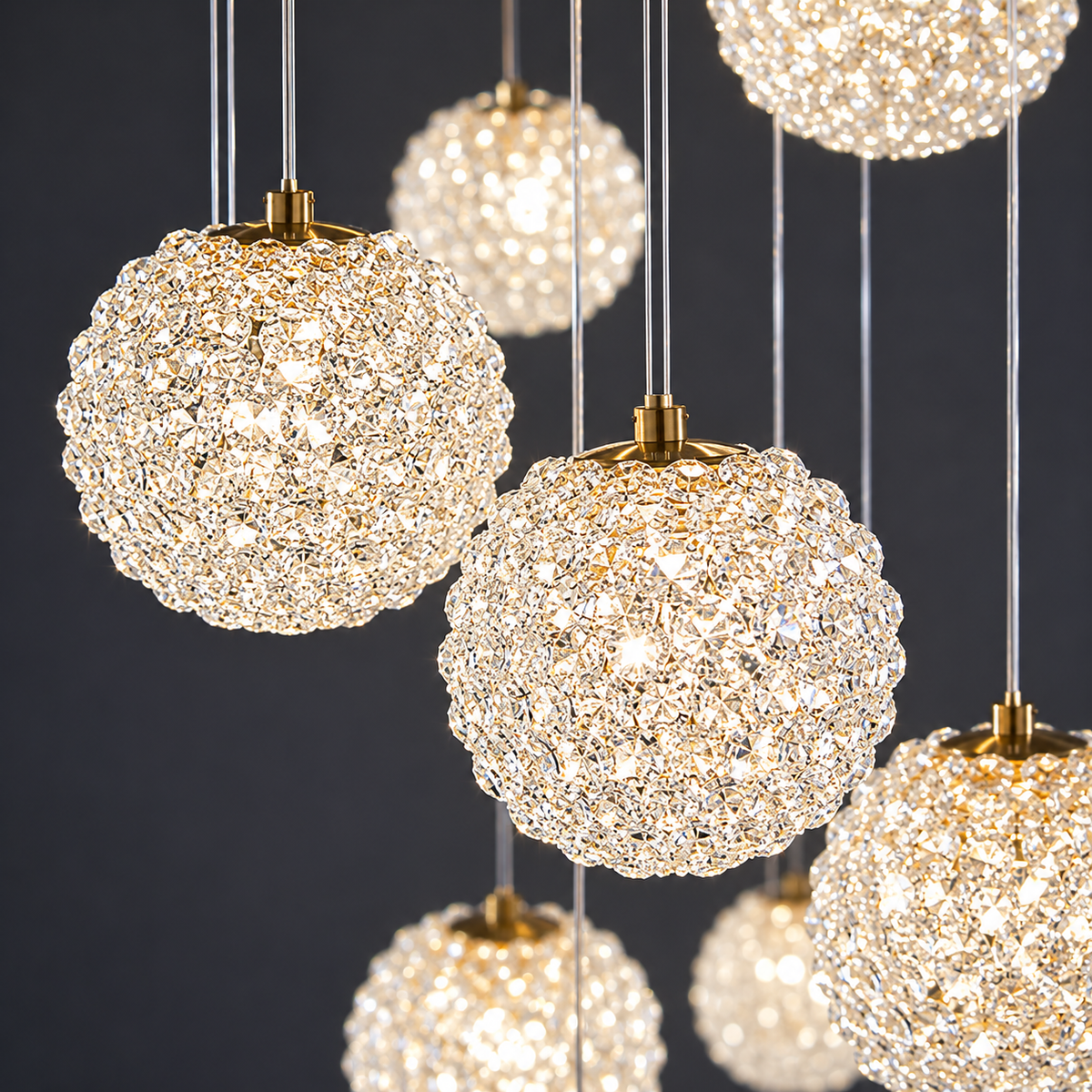 Candelabru Cristal LED MILLE, 18xG9, Diametru 60cm x Inaltime 340cm, Cristal si Metal, Auriu