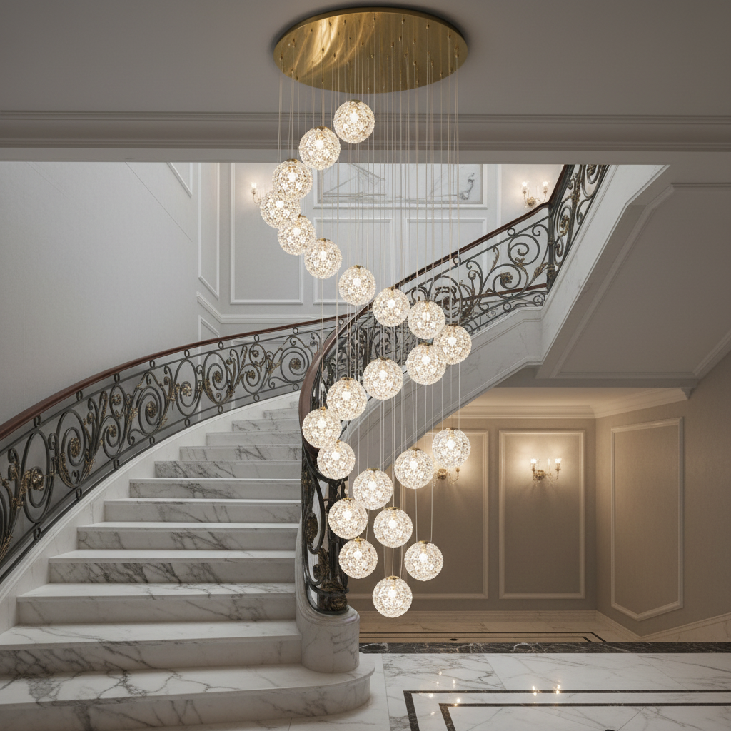 Candelabru Cristal LED MILLE, 25xG9, Diametru 60cm x Inaltime 340cm, Cristal si Metal, Auriu