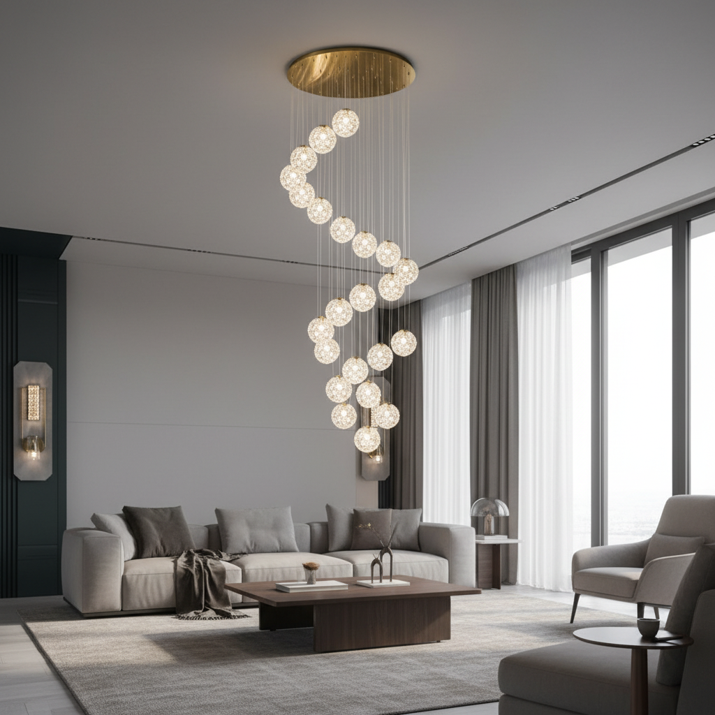 Candelabru Cristal LED MILLE, 25xG9, Diametru 60cm x Inaltime 340cm, Cristal si Metal, Auriu