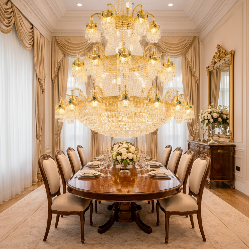 Candelabru Cristal, 61xE14, Diametru 150cm, Inaltime 200cm, Auriu Lucios, Inaltime Reglabila, Design Elegant
