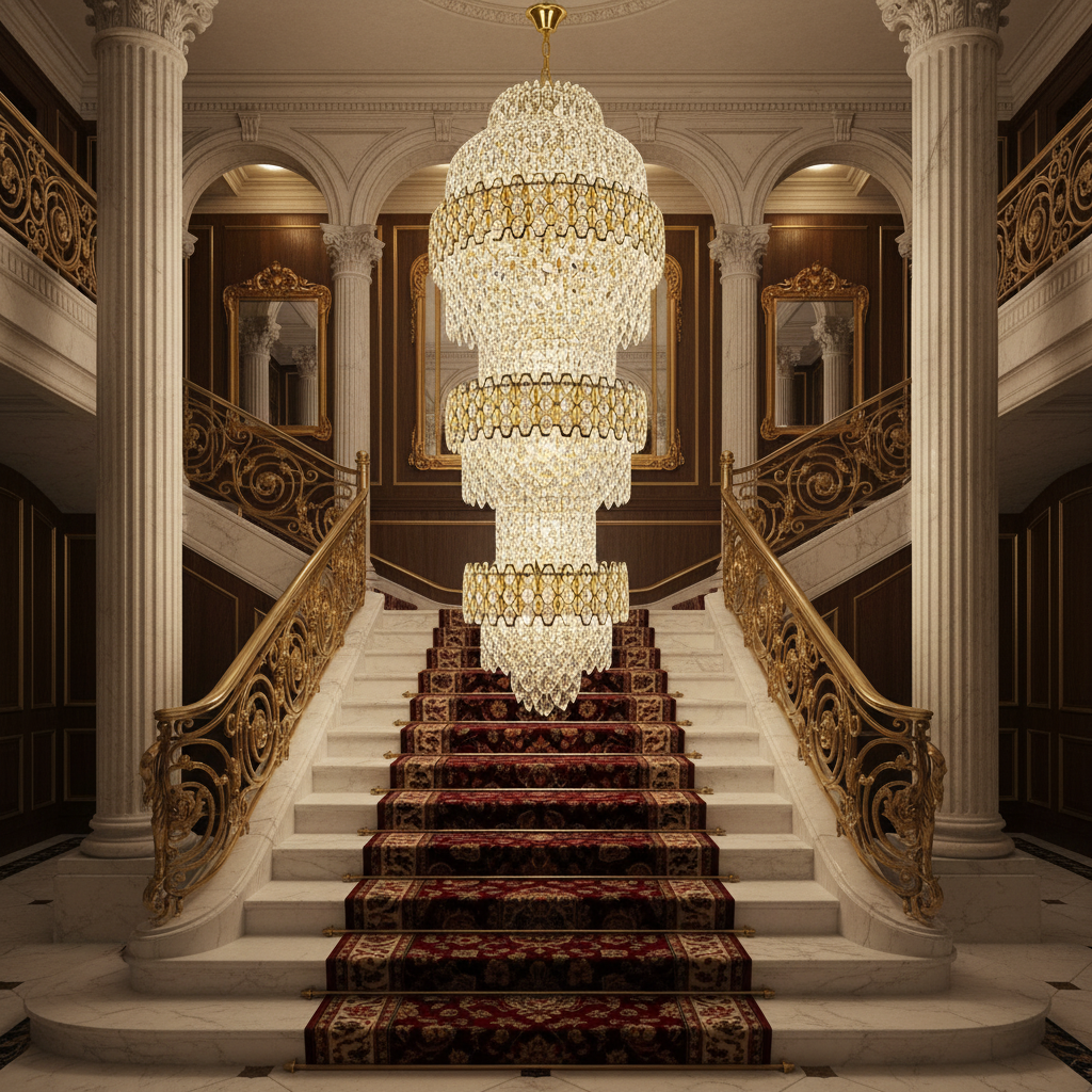 Candelabru Cristal TRIO Regalis 63xE14, Diametru 80cm, Inaltime 260cm, Auriu Lucios, Inaltime Reglabila, Design Elegant