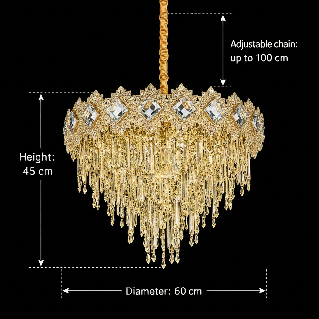 Candelabru Cristal FLEUR Magno 12xE14, Diametru 60cm, Inaltime 45cm, Auriu Lucios, Inaltime Reglabila, Design Elegant