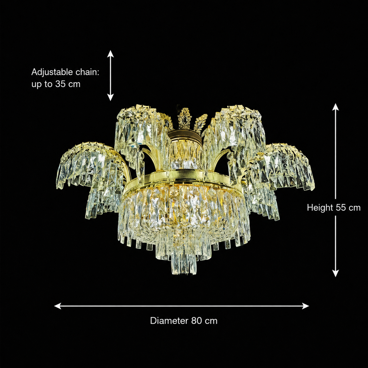 Candelabru Cristal PALACE, 8 brate, D80cm, Auriu Lucios, Inaltime Reglabila, Metal si Cristal