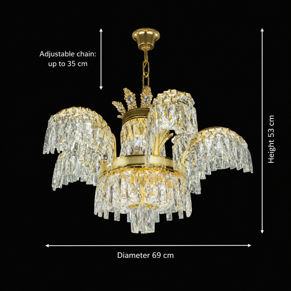 Candelabru Cristal PALACE, 6 brate, 12xG9, D69cm, Auriu Lucios, Inaltime Reglabila, Metal si Cristal