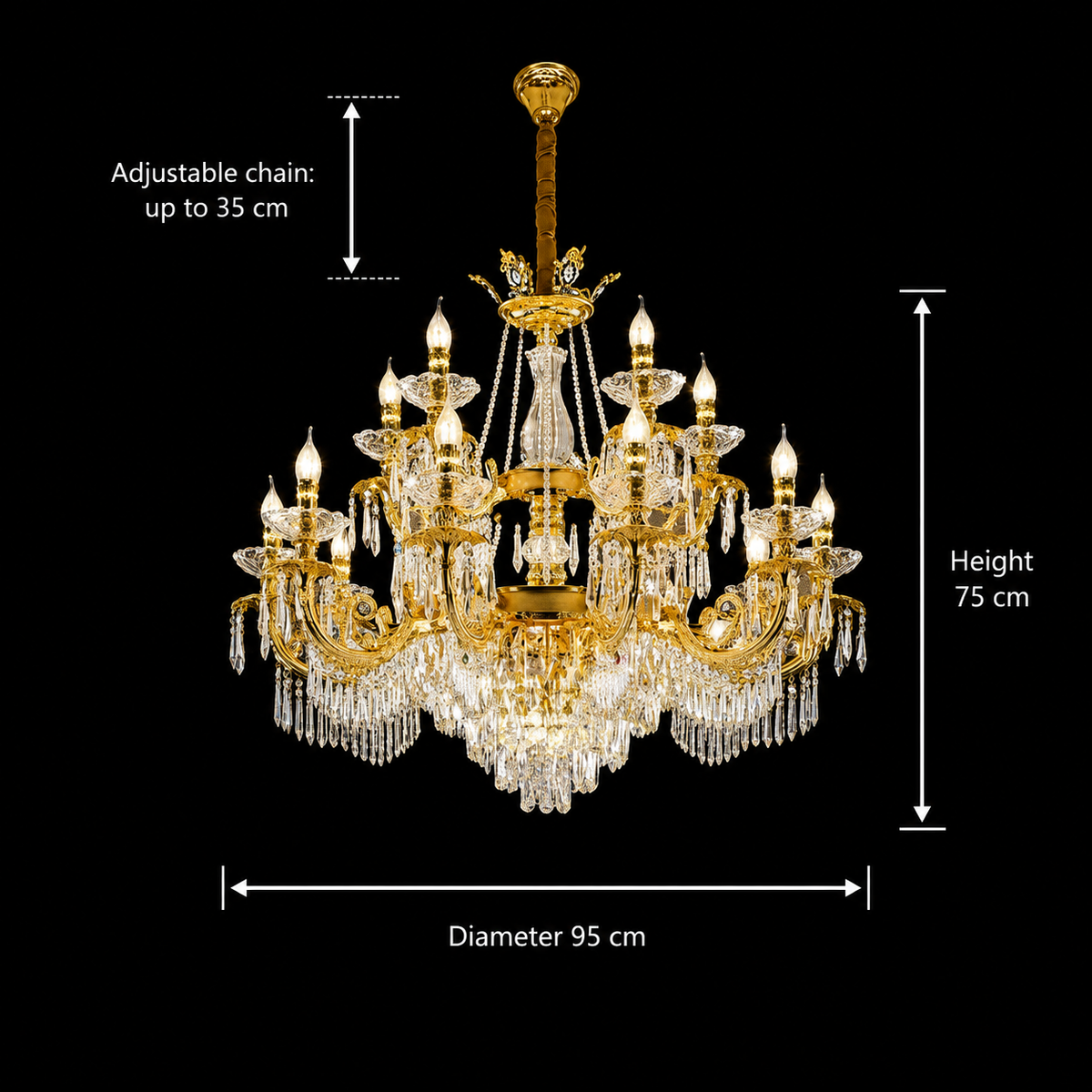 Candelabru Cristal 9xE14, D68cm, Auriu Lucios, Inaltime Reglabila, Metal si Cristal