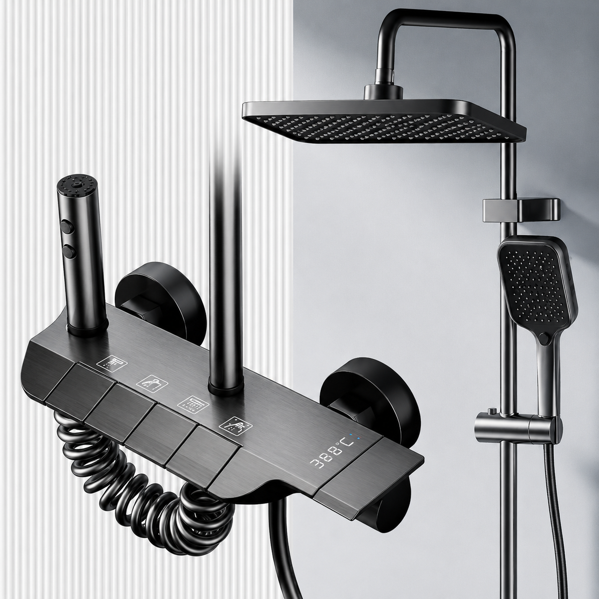 Coloana de dus ATID, Metal, Para Patrata, Efect Ploaie, 3 Functii, Montare Pe Perete, Gri, Accesorii Incluse