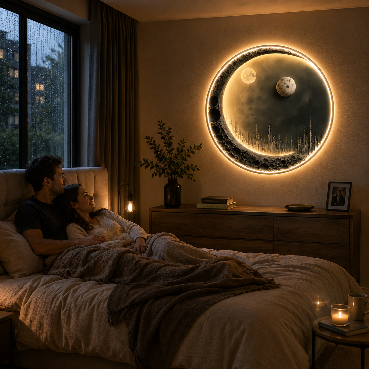 Tablou Decorativ cu iluminare LED Luna de Argint, Diametru 80 cm, 24W, Lumina Neutra, Aliaj de Aluminiu si MDF