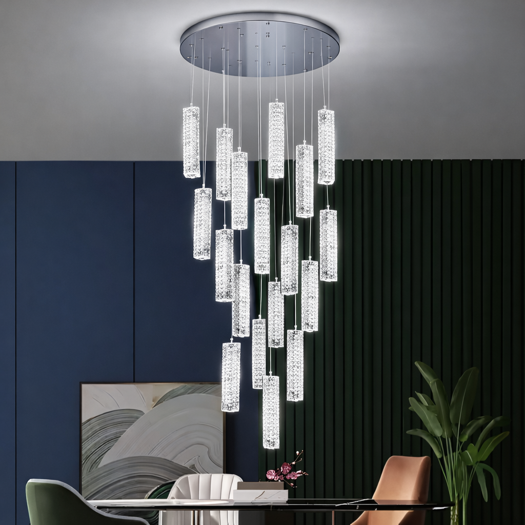 Candelabru Cristal LED AMIRI 82W Crom, Lumina Calda/Neutra/Rece 3000K/4000K/6000K Amiri, Diametru 40cm x Inaltime 300cm, Cristal si Metal