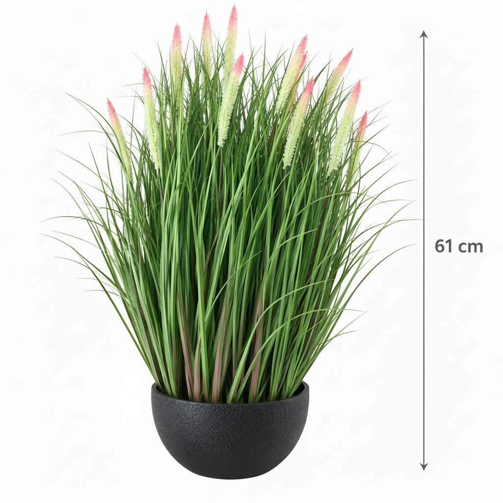 Planta Artificiala, Iarba in Ghiveci Ornamentala Tip Coada Vulpii, 61 cm, cu 19 Spice, Verde si Roz SSPZ/1136PK
