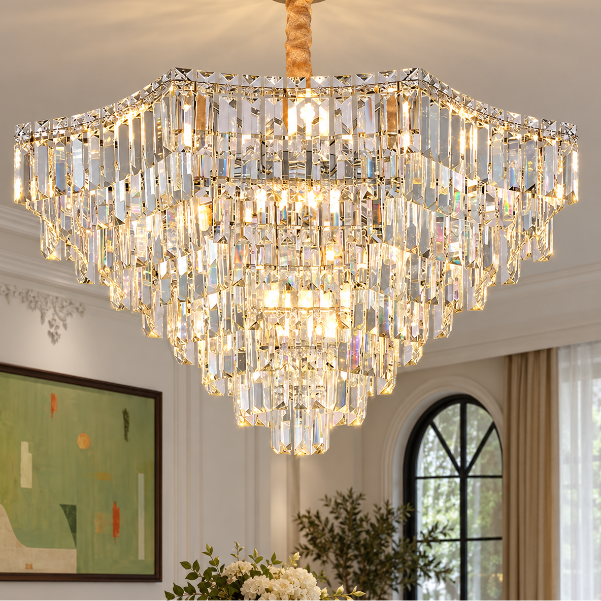 Candelabru Cristal ADAMA Regalis, 14x E14, Diametru 80cm, Crom Lucios, Inaltime Reglabil