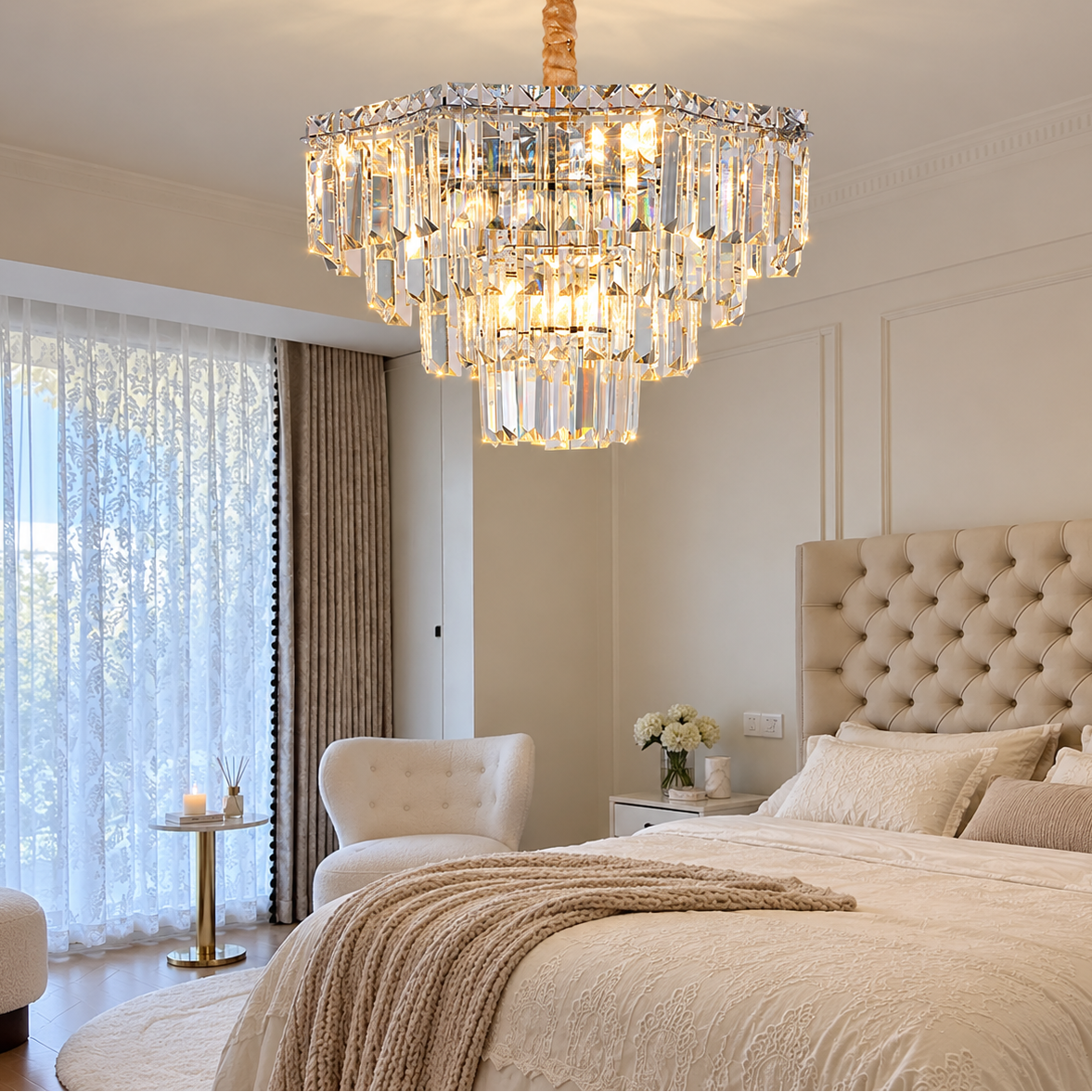 Candelabru Cristal ADAMA Eleganza, 7x E14, Diametru 50cm, Crom Lucios, Inaltime Reglabila