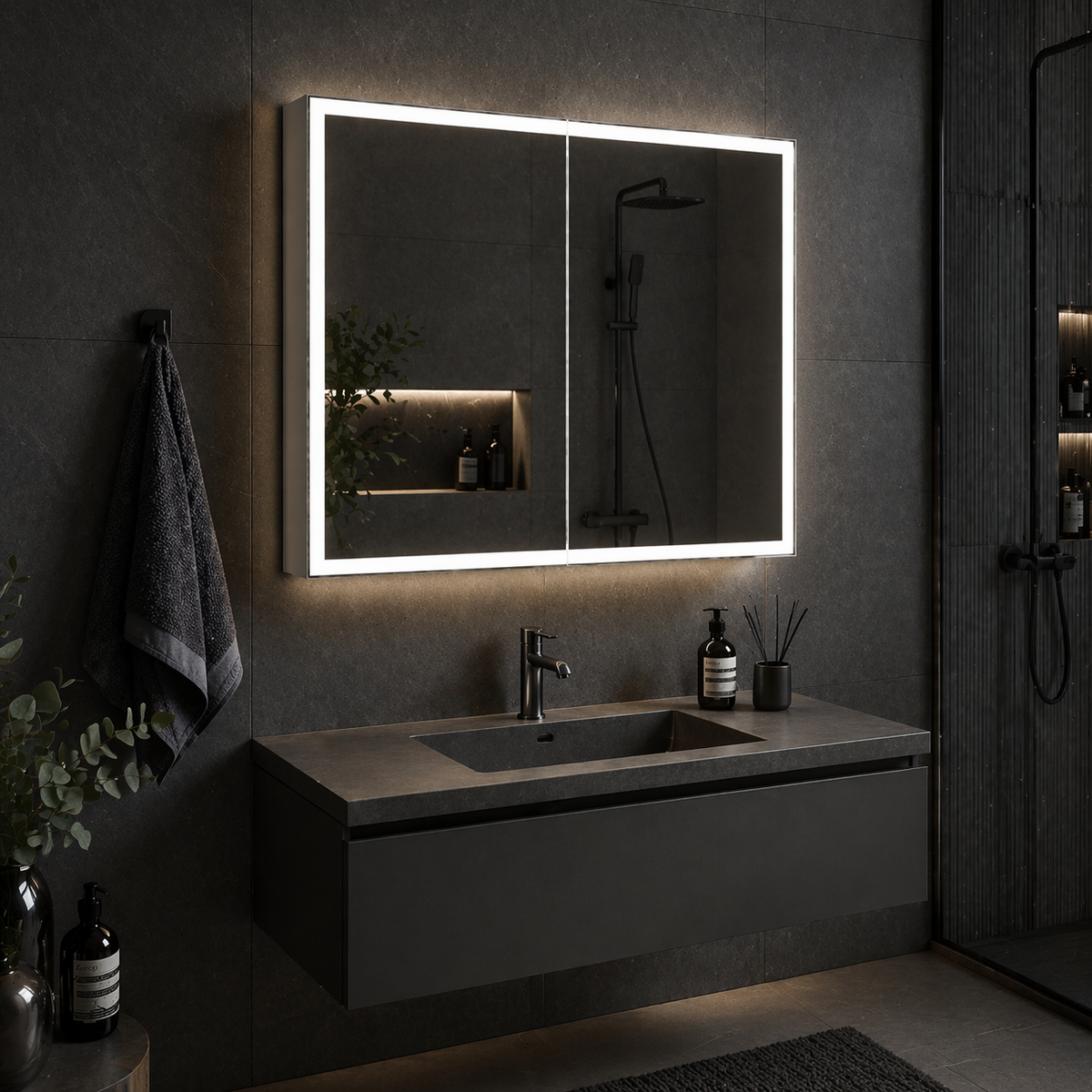 Oglinda LED cu Dulap MODA 60x70 cm Alb  Iluminare Perimetrala si Senzor Radar, imaginea 1
