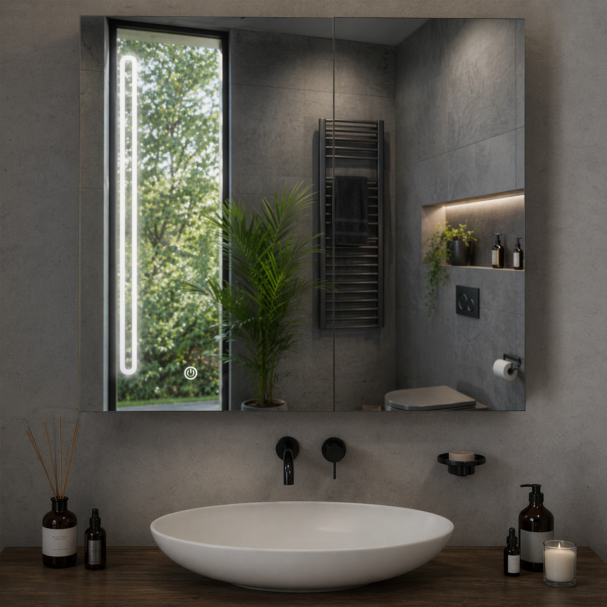 Oglinda LED cu Dulap PLANO 80x70 cm Alb Senzor Touch si Depozitare