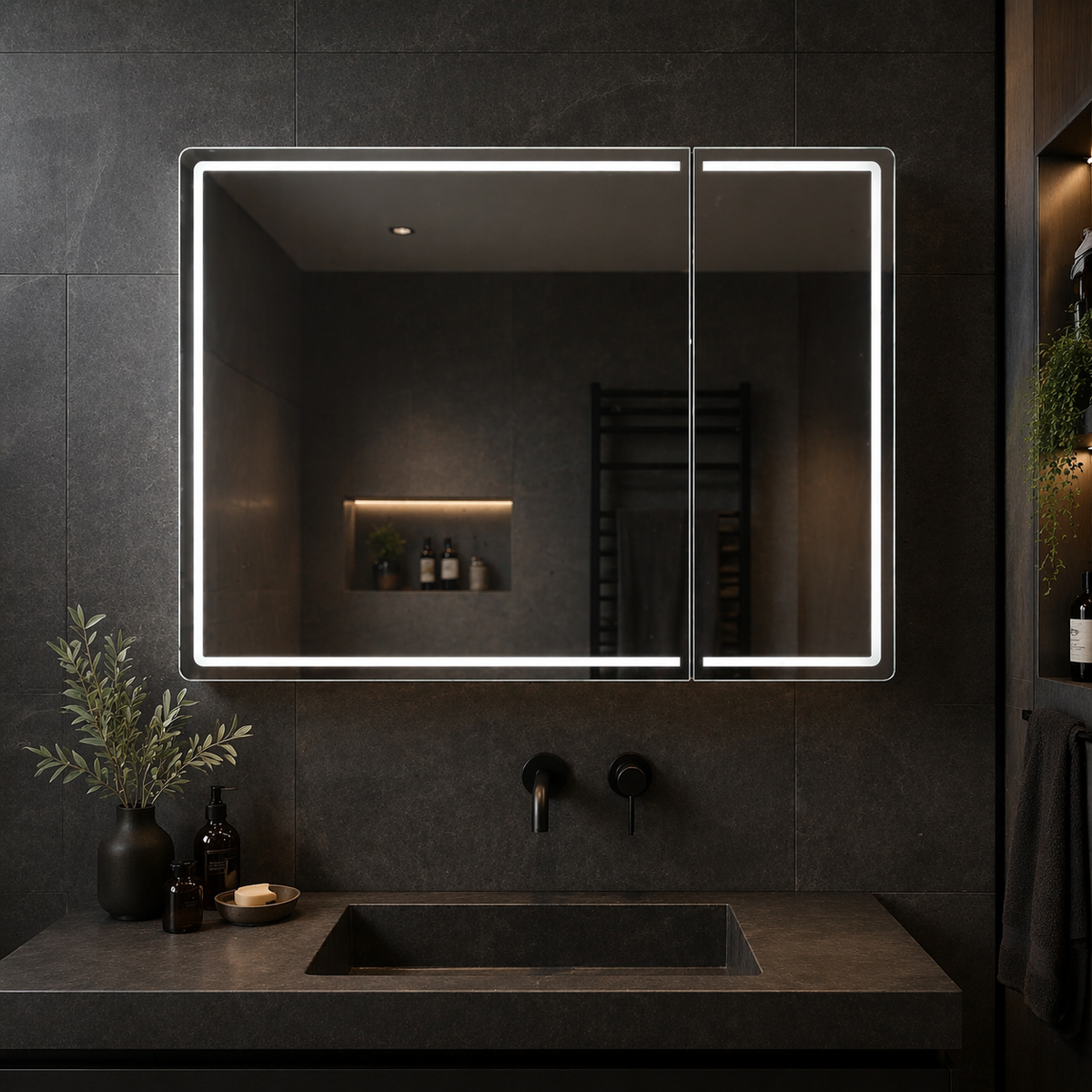 Oglinda LED cu Dulap LENTO 80x70 cm Gri Iluminare Perimetrala si Senzor Radar