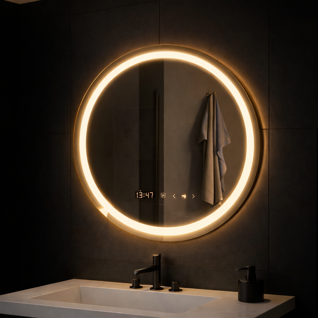 Oglinda LED Rotunda, 70cm, Celeste MotionGlow Marcello, Sistem Dezaburire, Ceas & Termometru, Dimabila, Lumina Calda Neutra Rece 3000K/4000K/6000K, imaginea 3