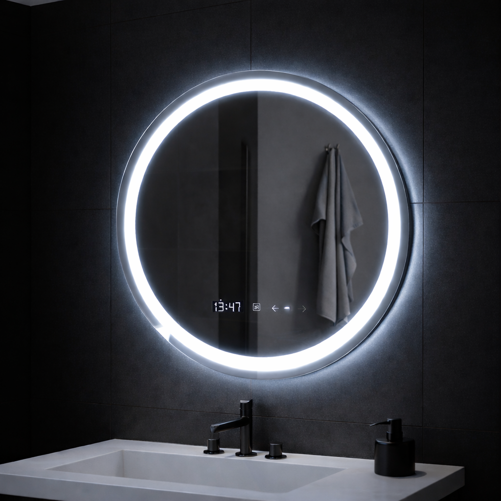 Oglinda LED Rotunda, 70cm, Celeste MotionGlow Marcello, Sistem Dezaburire, Ceas & Termometru, Dimabila, Lumina Calda Neutra Rece 3000K/4000K/6000K, imaginea 7