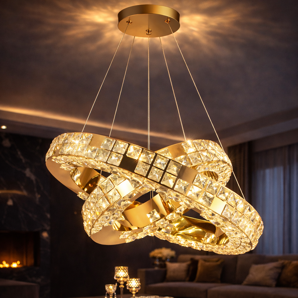 Lustra LED cu Telecomanda, LLC135/2GD, Cristal si Metal, 54W, 2 Cerc, Dimabila, Inaltime Reglabila, Lumina Rece/Calda/Neutra 3000K/4000K/6000K, Iluminat Luxos