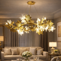 Candelabru Modern LEAFORA Regalis 8xE14, Diametru 80cm, Auriu, Inaltime Reglabila, Metal si Cristale