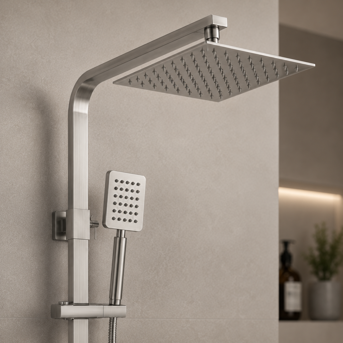 SET Coloana de dus cu baterie, Inox, para patrata, efect ploaie, 3 functii, montare pe perete, Satinat, Accesorii Incluse, LY005, imaginea 3