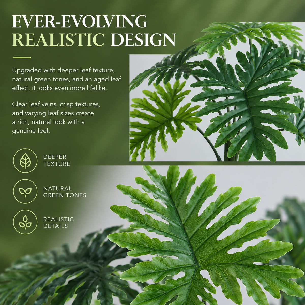 Decoratiune Thaumatophyllum Bipinnatifidum, 8 frunze, Plastic, 140 cm, Verde