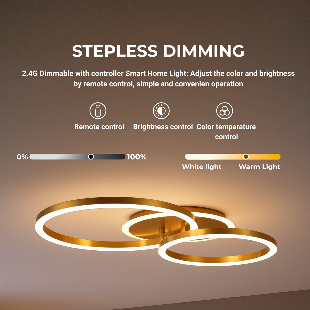 Lustra LED cu telecomanda RINOVA 66W, 2 Cercuri, lumina Rece/Calda/Neutra, Dimabila, Auriu Lucios, imaginea 4
