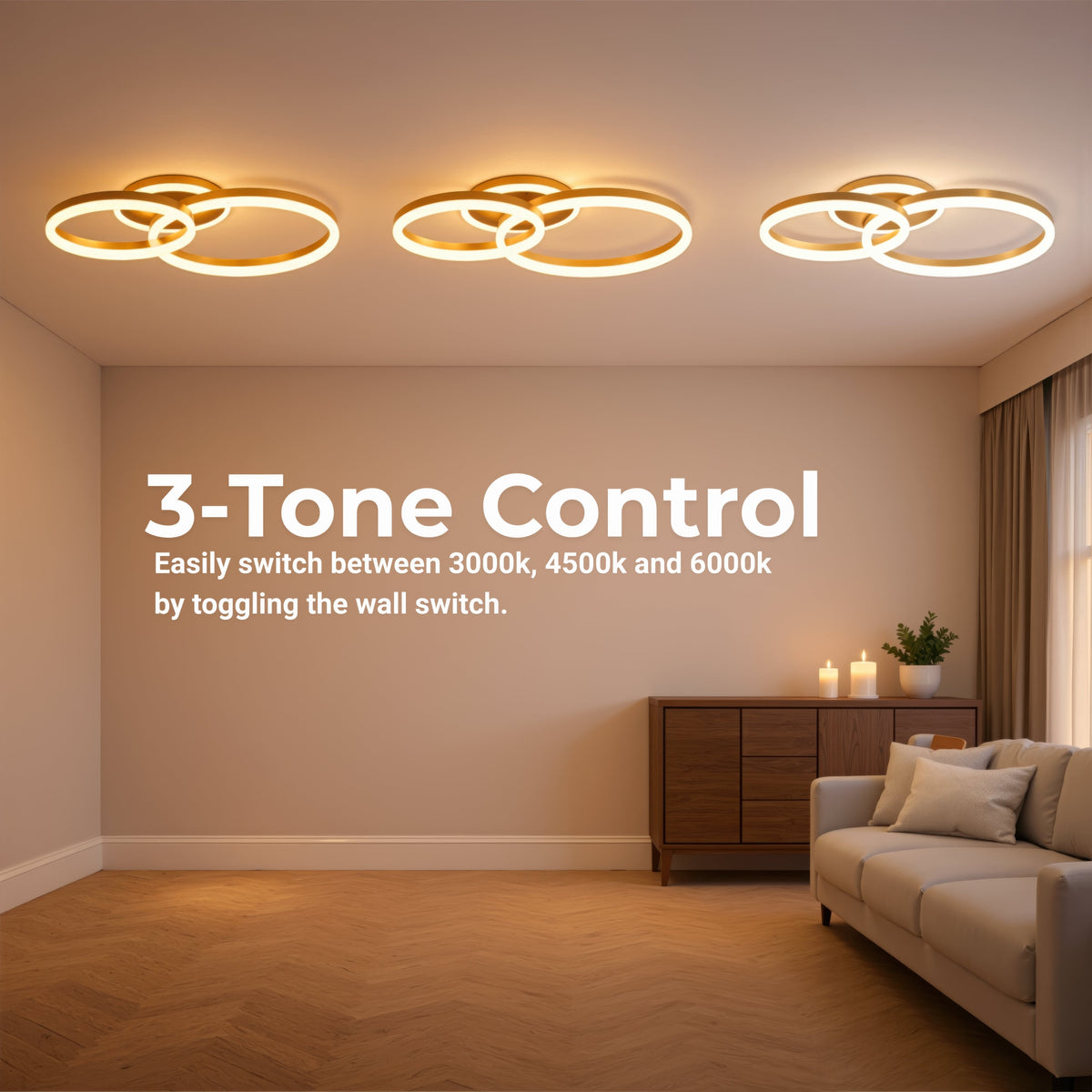 Lustra LED cu telecomanda RINOVA 66W, 2 Cercuri, lumina Rece/Calda/Neutra, Dimabila, Auriu Lucios, imaginea 5