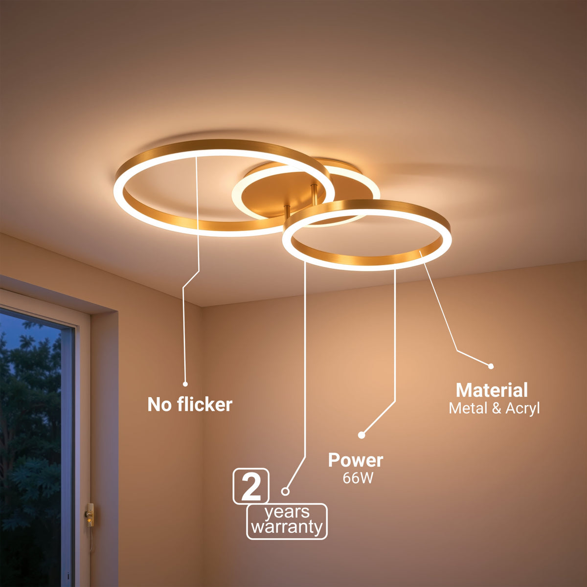 Lustra LED cu telecomanda RINOVA 66W, 2 Cercuri, lumina Rece/Calda/Neutra, Dimabila, Auriu Lucios, imaginea 8