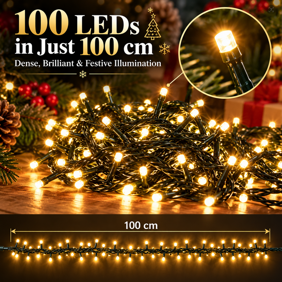 Instalatie de Craciun Liniara Tip Ghirlanda, Lumina Calda, 1000cm, 100 LED-uri