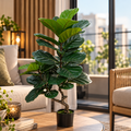 Decorațiune Ficus Lyrata, Ramificatie, 2 Ramuri, Plastic, 100 cm, Verde