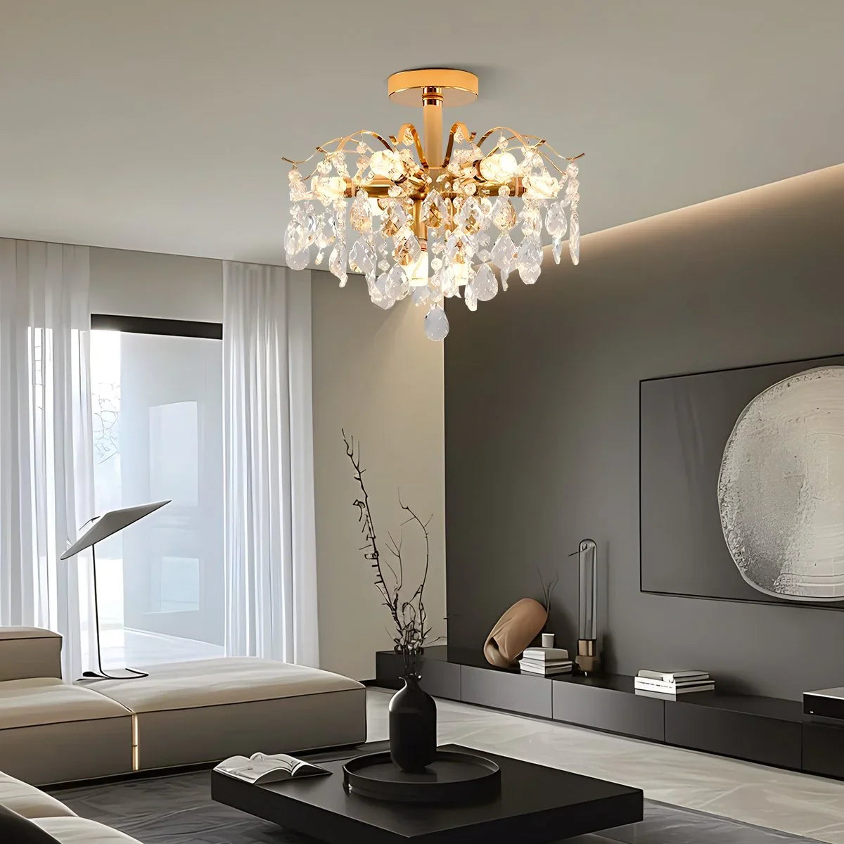Candelabru Cristal Fiamma, 6x E14, Diametru 45cm, Auriu, Metal si Cristal, imaginea 7