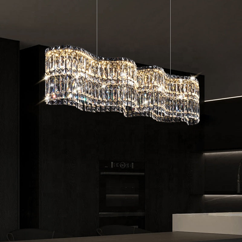 Candelabru Cristal LED cu Telecomanda WAVE Regalis, 52W, Lumina Calda/Rece/Neutra Inaltime Reglabila, Lumina Dimabila, Metal si Cristal