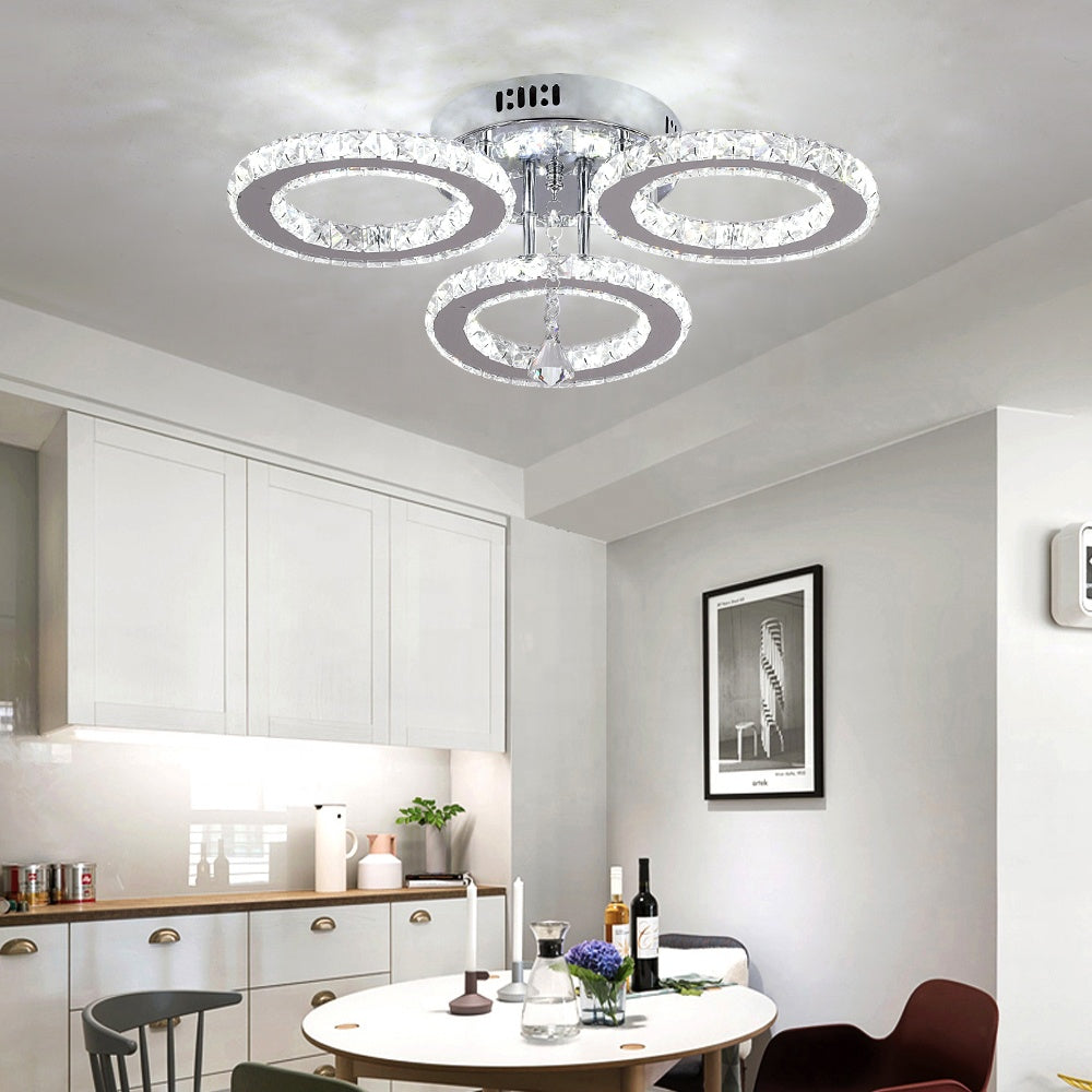 Lustra LED cu telecomanda si cristal ALANUBIS 40W, 3 Cercuri, lumina Rece/Calda/Neutra, Dimabila, Crom Lucios